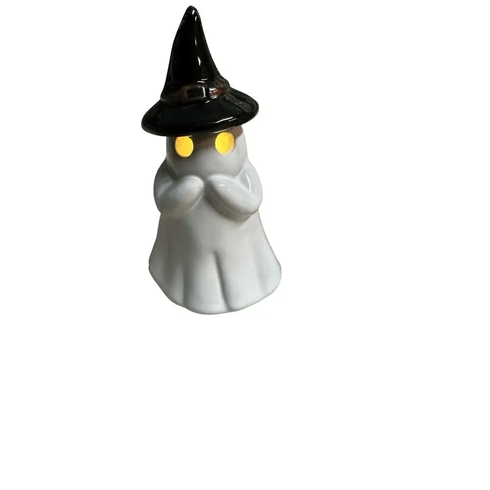 Set of 3 Halloween Ceramic Ghost Witch Hat Light Up Glowing Eyes Figurines